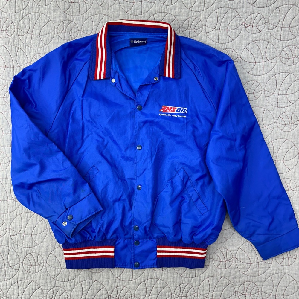 VTG Holloway Jacket‎ Blue AMSOIL Graphic Snap Front Bomber USA Made / Men's XL